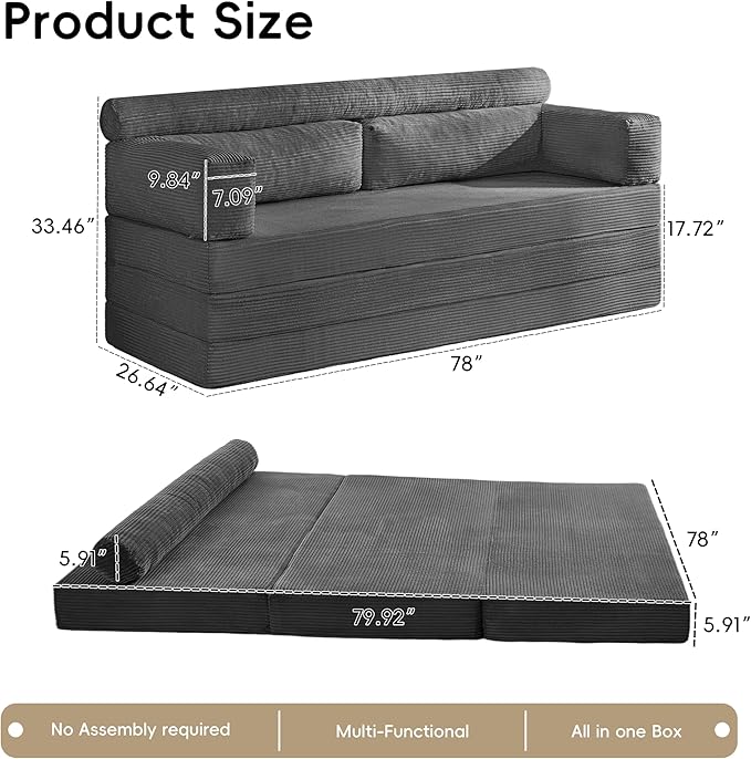 5-in-1 Convertible Sofa Bed, Corduroy Futon Couch Sleeper - Image 2