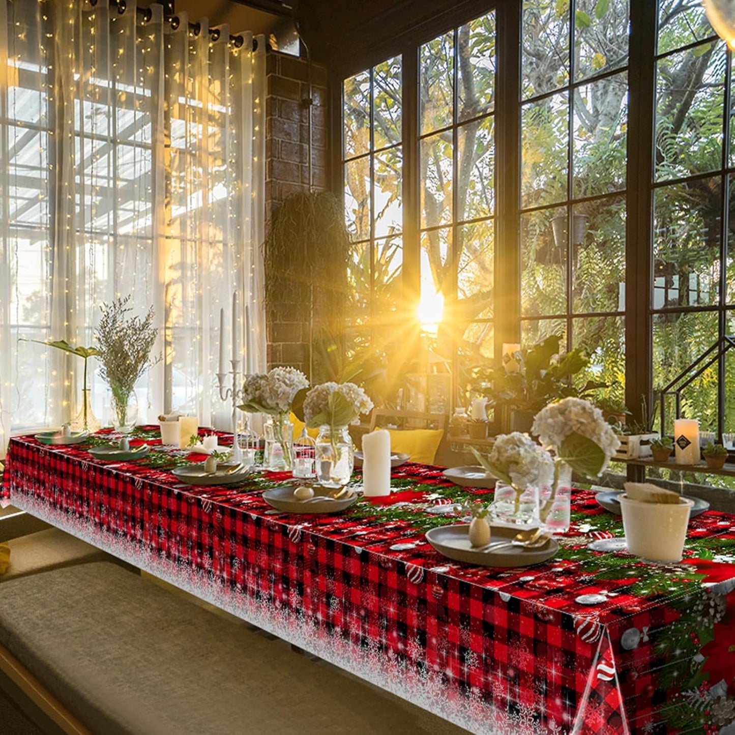 6Pcs Christmas Buffalo Plaid Snowflake Tablecloths,Plastic Red and Black Checkered Rectangle Christmas Tree Color Ball Table Cover for Winter Christmas New Year Holiday Party Decorations,54x108 inch