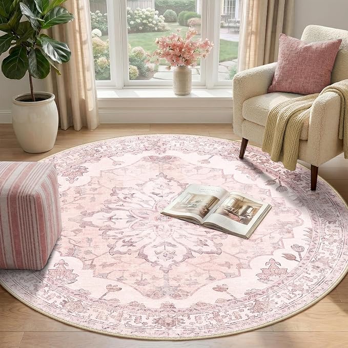 RELEANY Area Rugs Round 4ft Washable Non-Slip, Floral Vintage Distress Print - Image 2