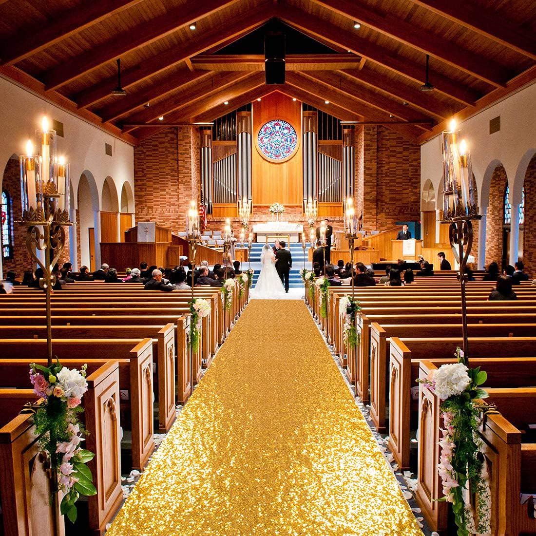 ShinyBeauty 4FTx10FT Gold Sequin Aisle Runner for Wedding Ceremony | Glitter Floor Runner for Outdoor and Church