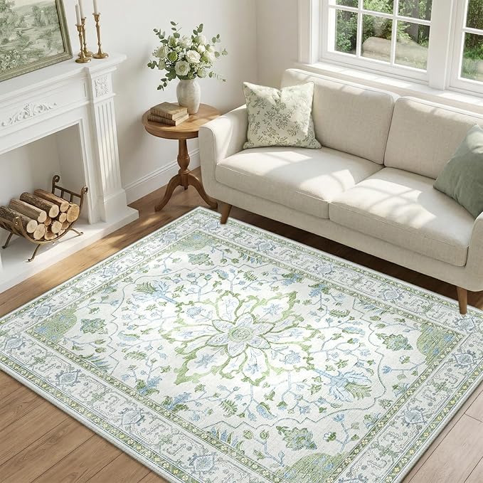 RELEANY Area Rugs 4'x6' Washable Non-Slip, Floral Vintage Distress Print by RELEANY