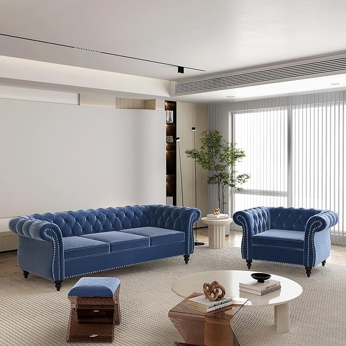 Chesterfield 3 Seater Sofa, Modern Velvet Tufted Couch 3 Seater - Image 6