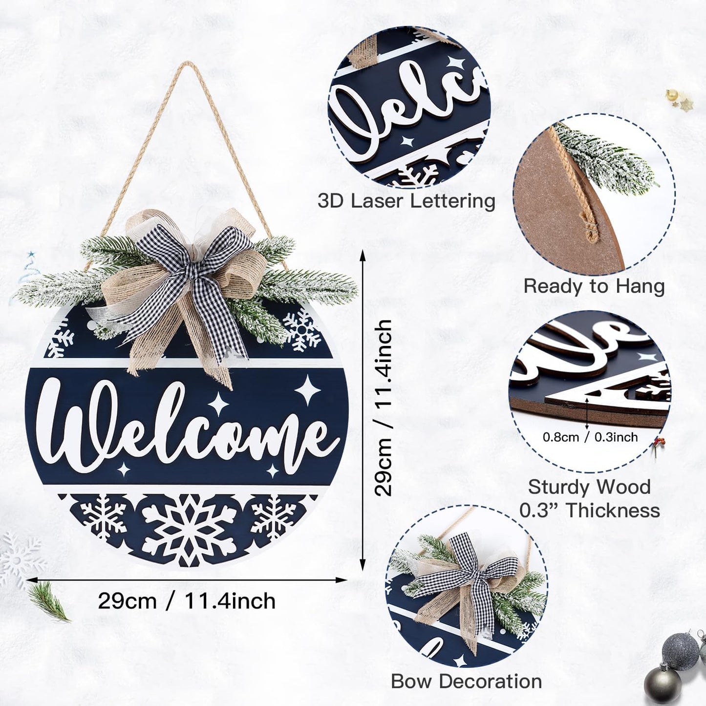 CHDITB Blue Welcome Winter Front Door Sign Wreath(11.4”), Wooden 3D Welcome Home Decoration Wall Hanging with Plaid Bow Snowflake, Farmhouse Christmas New Year Decor for Home Office