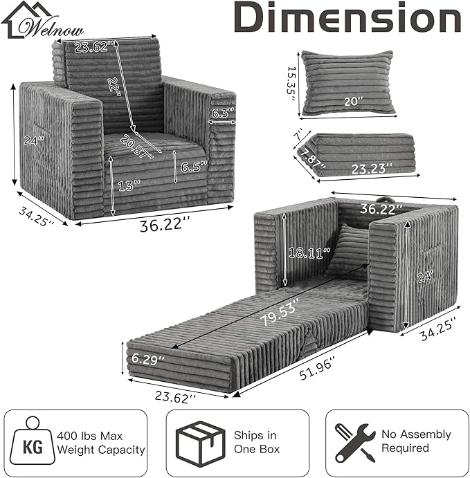 Welnow Folding Sofa Bed with Pillow, Convertible 2-in-1 Sleeper Chair - Image 2