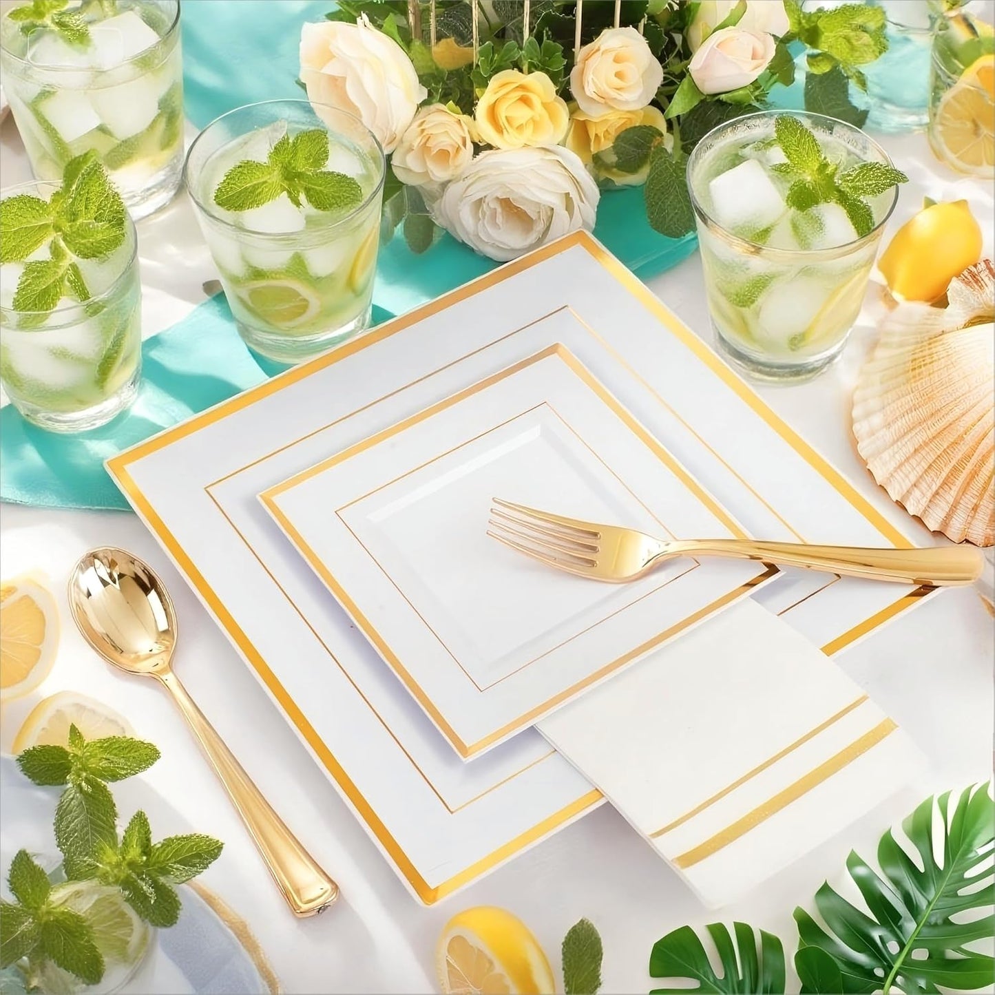 Festiva 350Pcs Gold Plastic Plates - Disposable Square Gold Plates Dinnerware set include 9.5"/6" Plates,Cups,Plastic Cutlery,Hand Napkins Perfect for 50 guests Party&Wedding&Birthday