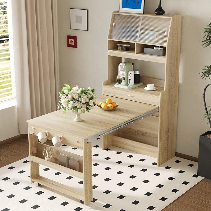 Compact Buffet with Hutch and Foldable Dining Table, 2-in-1 Buffet by SIYSNKSI