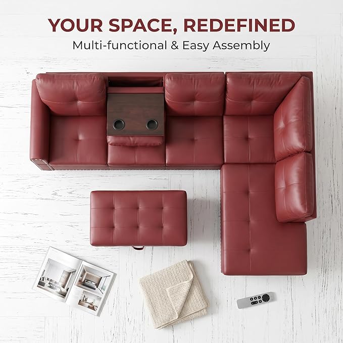 97.5" Red L Shaped Couch Set Leather, Modular Sectional Couches - Image 5