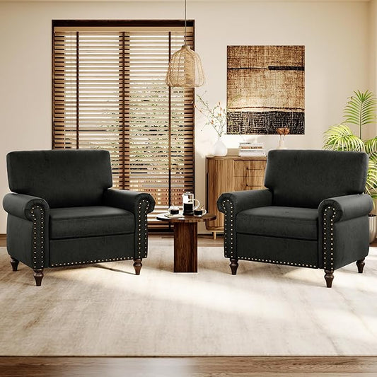 Nailhead Trim Accent Chairs Set of 2, Faux Leahter Mid Century Modern Living by ErdoruLiving