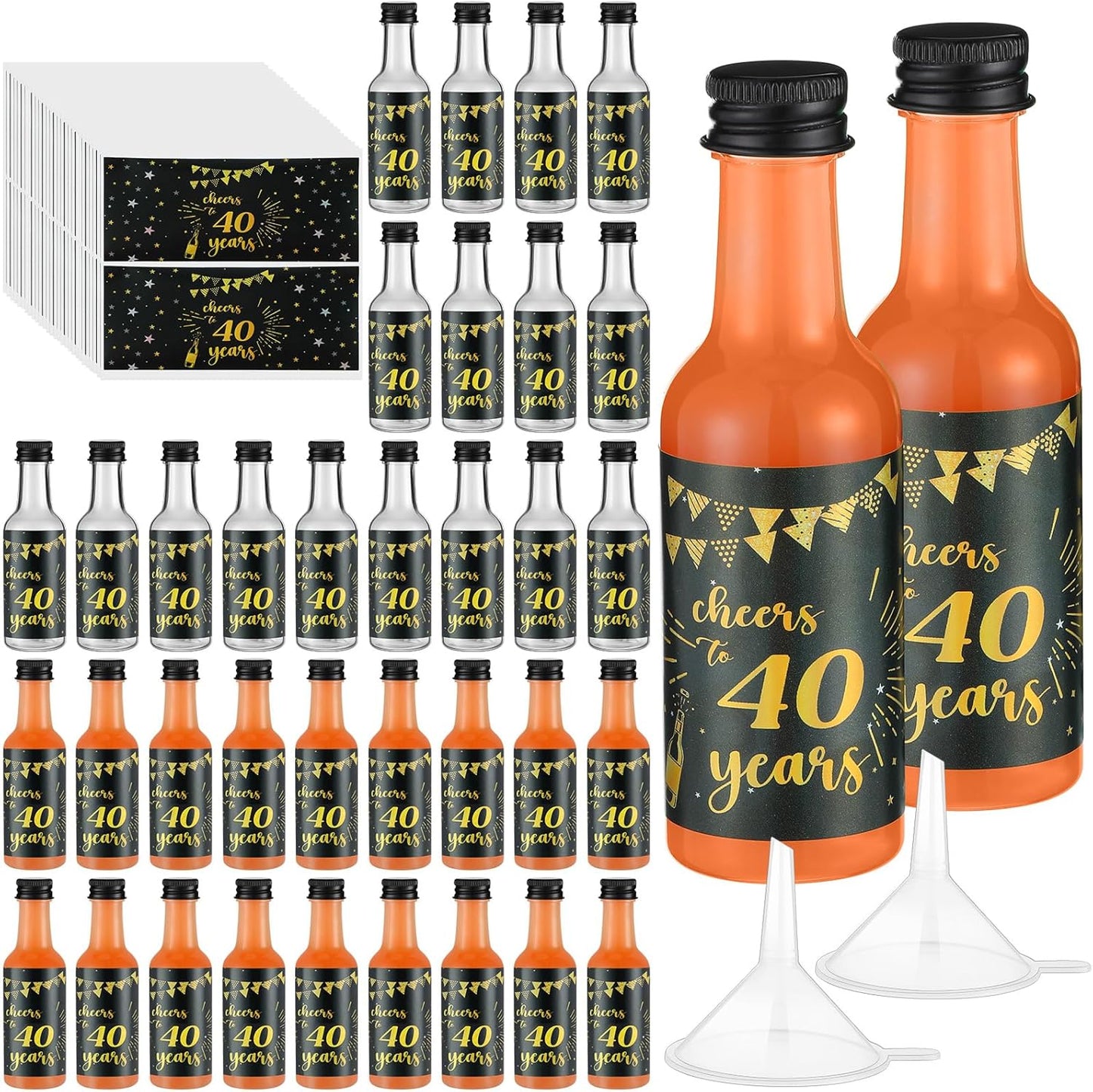 Vesici 50 Pack Mini Liquor Bottles 1.7oz Shot Mini Wine and Champagne Bottle Birthday Sticker with 2 Funnels Birthday Party Favor for Adult Guest Women Men Anniversary Celebration(Cheers to 40 Years)