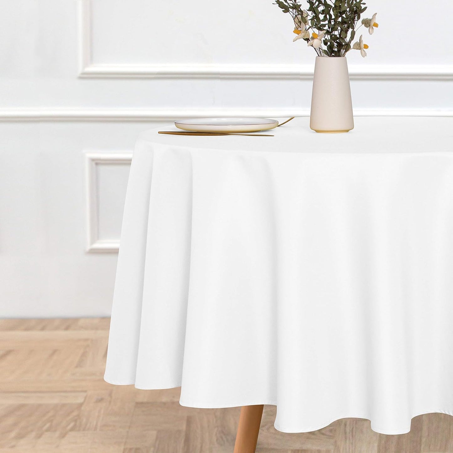 sancua Round Tablecloth - 90 Inch - Water Resistant Spill Proof Washable Polyester Table Cloth Decorative Fabric Table Cover for Dining Tables, Buffet Parties and Camping, White