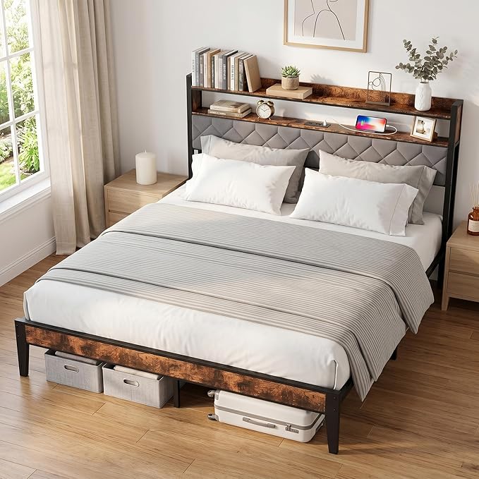 King Size Bed Frame with Charging Station, King Bed Frame with Upholstered - Image 9