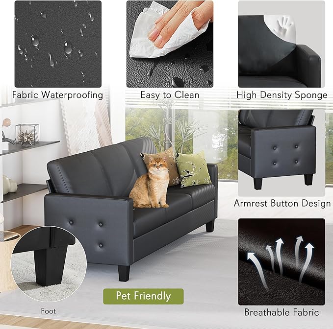 STHOUYN 73” Black Faux Leather Sofa Couch, Modern Comfy Office 3 Seater Couch - Image 4