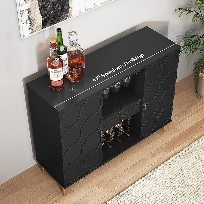 Modern Bar Cabinet with Drawer, Liquor Cabinet with Wine Glass Racks and Shelves - Image 4