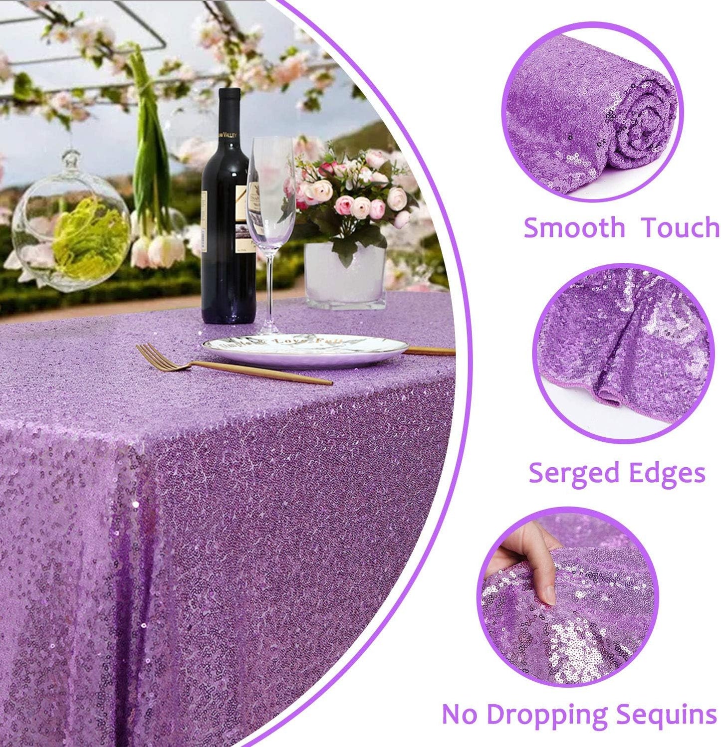 QueenDream Sparkly Sequin Tablecloth - Light Purple Table Cloth 50x80 Inches Rectangle Table Overlay Fabric for Birthday Parties Baby Shower Decoration