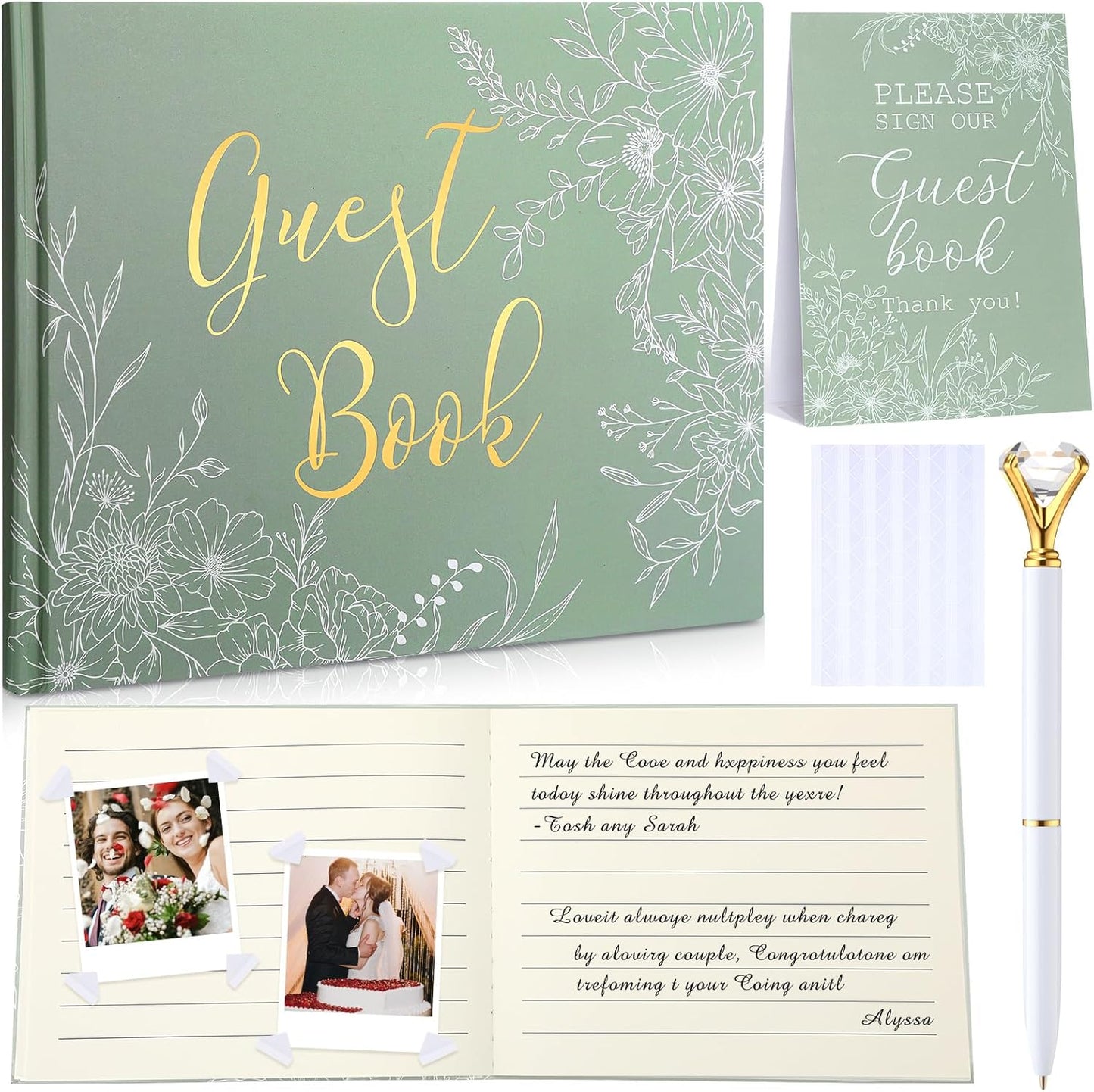 Wedding Guest Book Personalized Photo Guestbook to Sign at Reception Wedding Guest Sign in Book Photo Album Hard Cover 88 Lined Pages for Baby Shower Birthday Anniversary Party(Sage Green)
