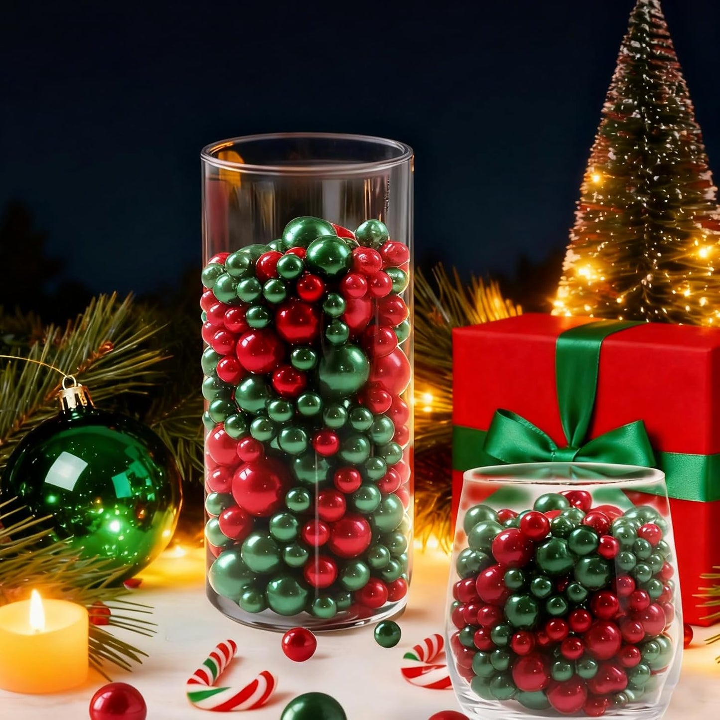 260Pcs Red&Green Glossy Beads for Centerpiece Decor, Artifical Pearls Vase Filler, No Hole Round Pearl Beads for Wedding Birthday Christmas Party Home Decor(18mm 14mm 6mm)