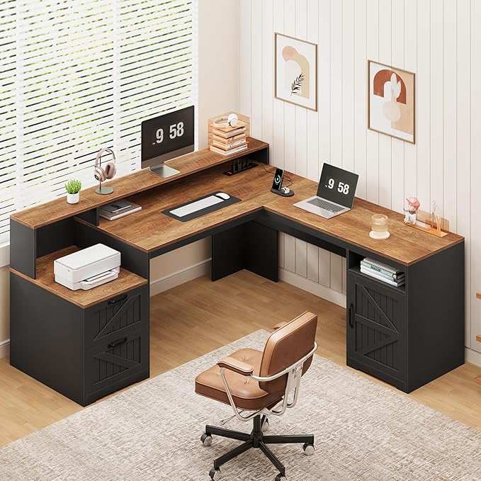 YOMILUVE 63" Farmhouse L Shaped Executive Desk by YomiluveDesign