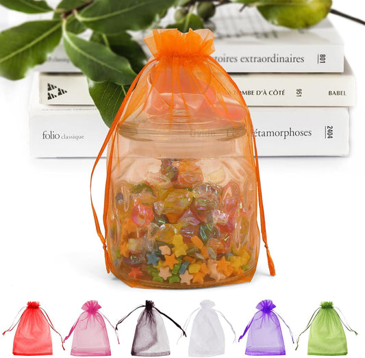 ANZNKU 50 Pack Premium Sheer Organza Bags 6x9 inches Mesh Bags Gift Drawstring for Halloween, Party, Wedding, Mesh, Festival, Makeup, Organza Favor Bag(Orange)