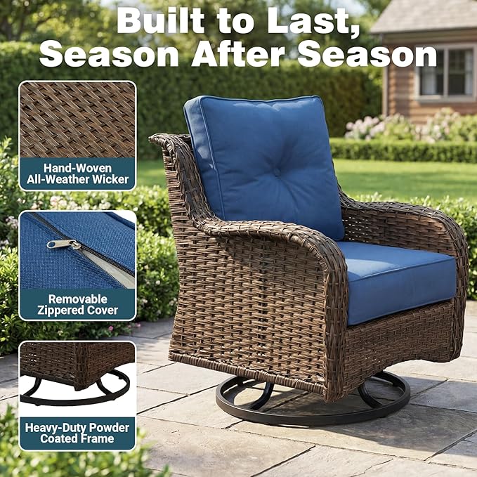 Patio Furniture Set, High Back Rattan Sofa & Swivel Rocker Chairs, Weather - Image 7