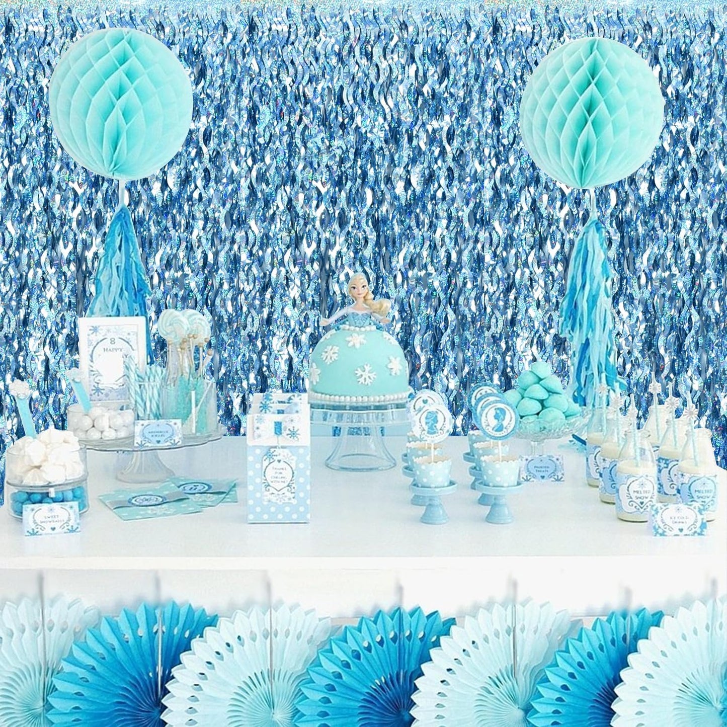 TONIFUL 3Pcs Wavy Metallic Tinsel Foil Fringe Curtains Light Blue Streamer Backdrop for Photo Booth Props,Party Door Wall Curtains,Bachelorette,Underwater World Birthday Party Decor (9.9ft x 6.6ft)