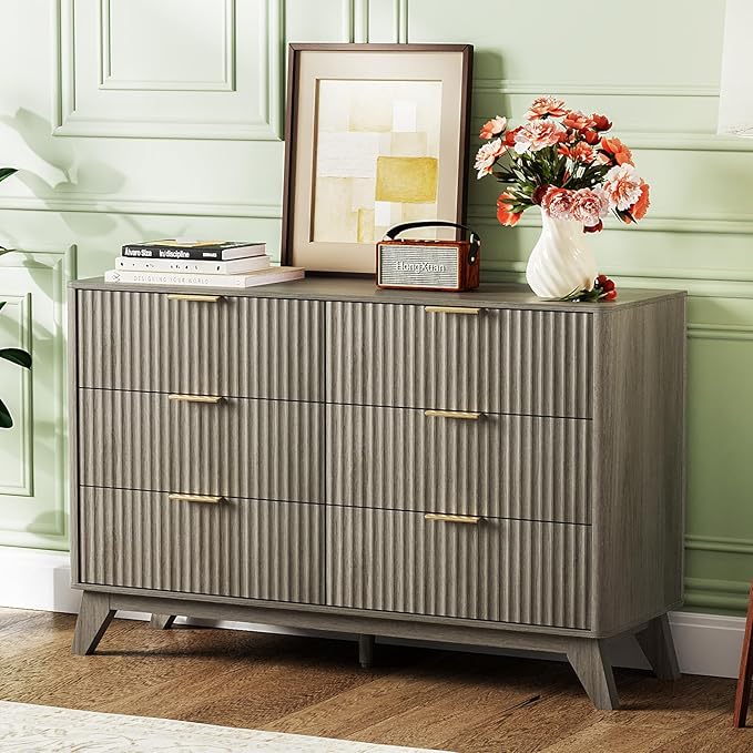 VINGLI Fluted Grey Dresser 6 Drawer Gray Dresser by VINGLI