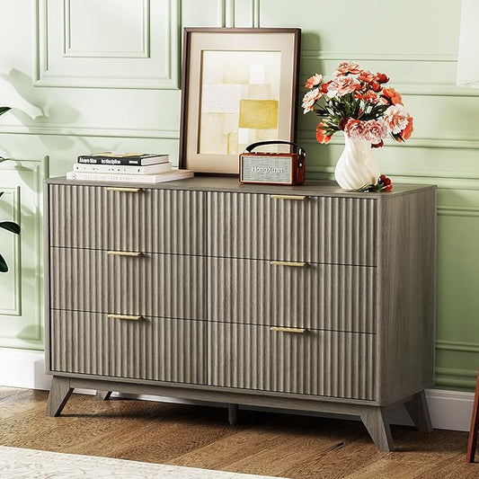 VINGLI Fluted Grey Dresser 6 Drawer Gray Dresser by VINGLI