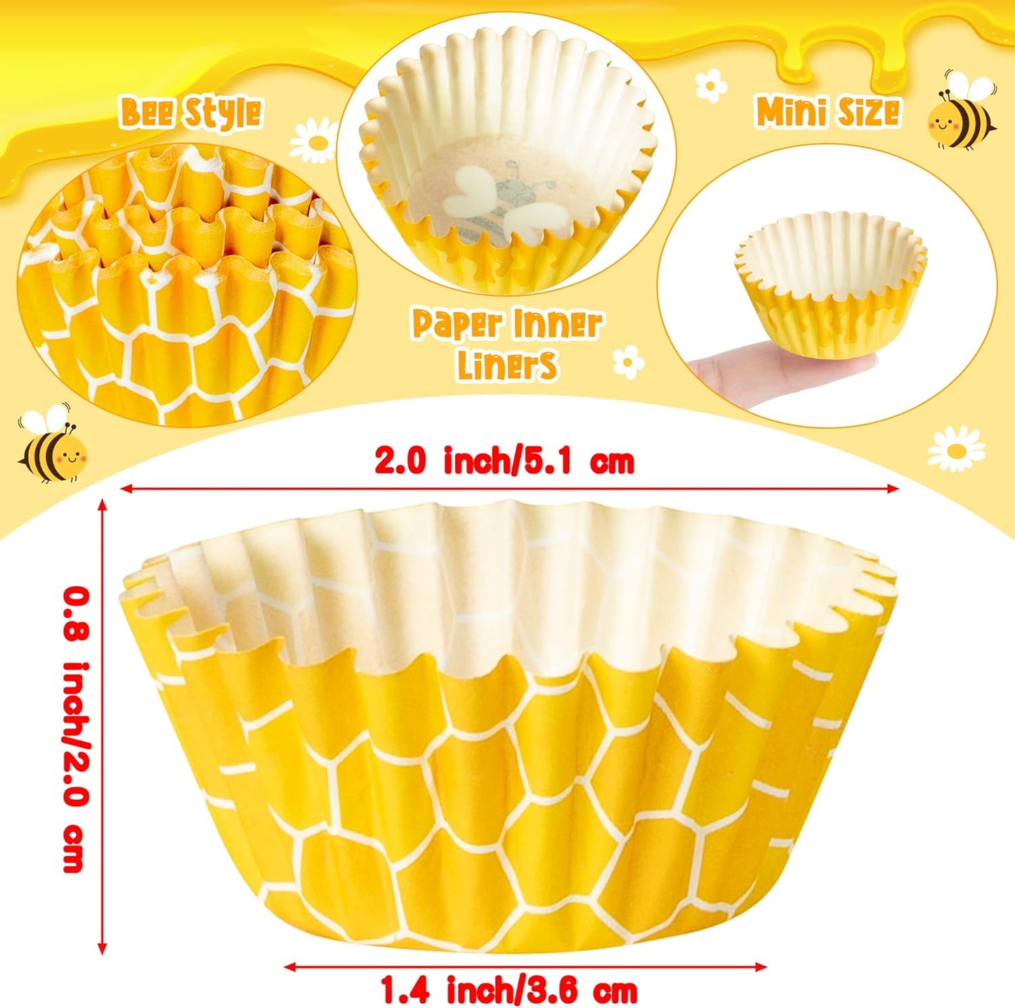 COcnny Bee Mini Cupcake Liners - 600pcs Summer Baking Cups Muffin Paper Cupcakes Wrappers for Birthday Party, Yellow Honey Candy Cake Chocolate Wrap Making Supplies for Baby Shower Wedding (10 Styles)