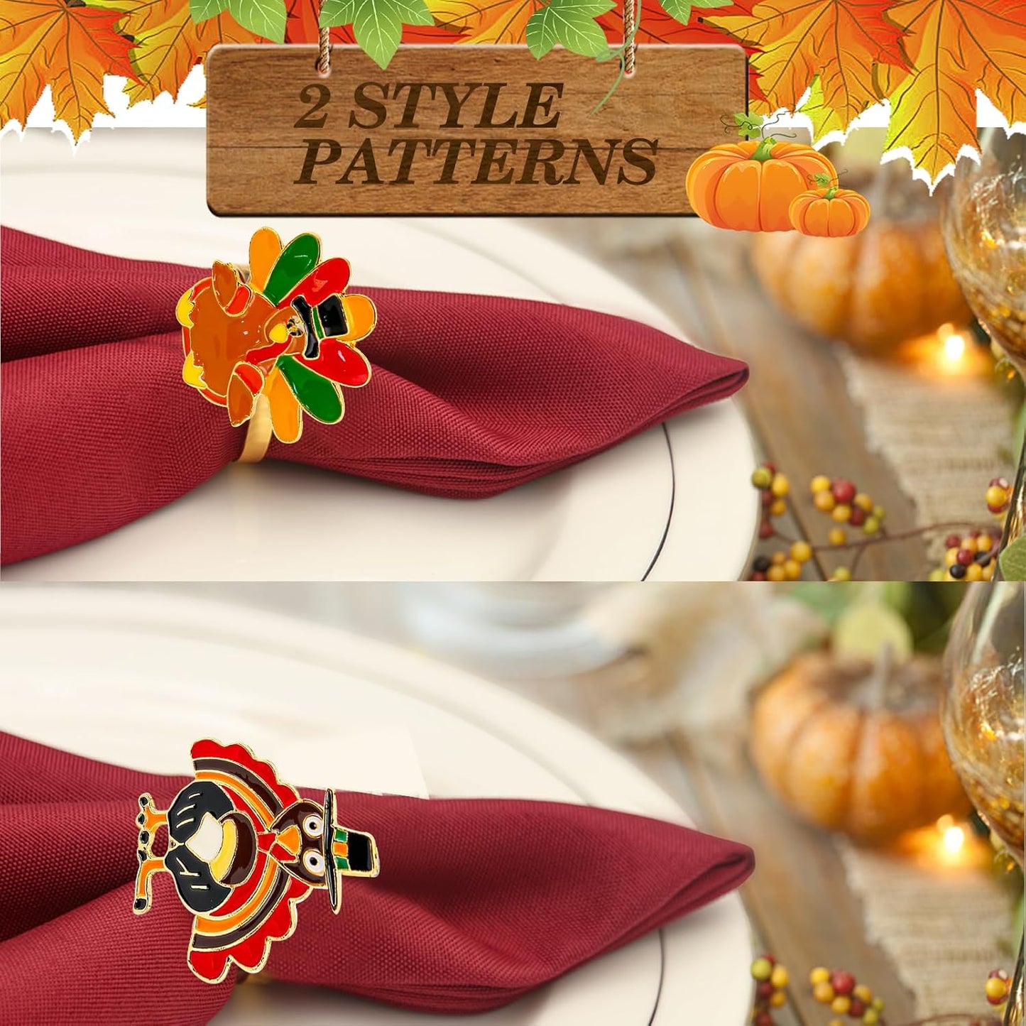 KPOSIYA Thanksgiving Napkin Rings Set of 24, Turkey Napkin Rings Vintage Alloy Fall Napkin Holders for Holiday Dinner Parties, Weddings, Family Gatherings