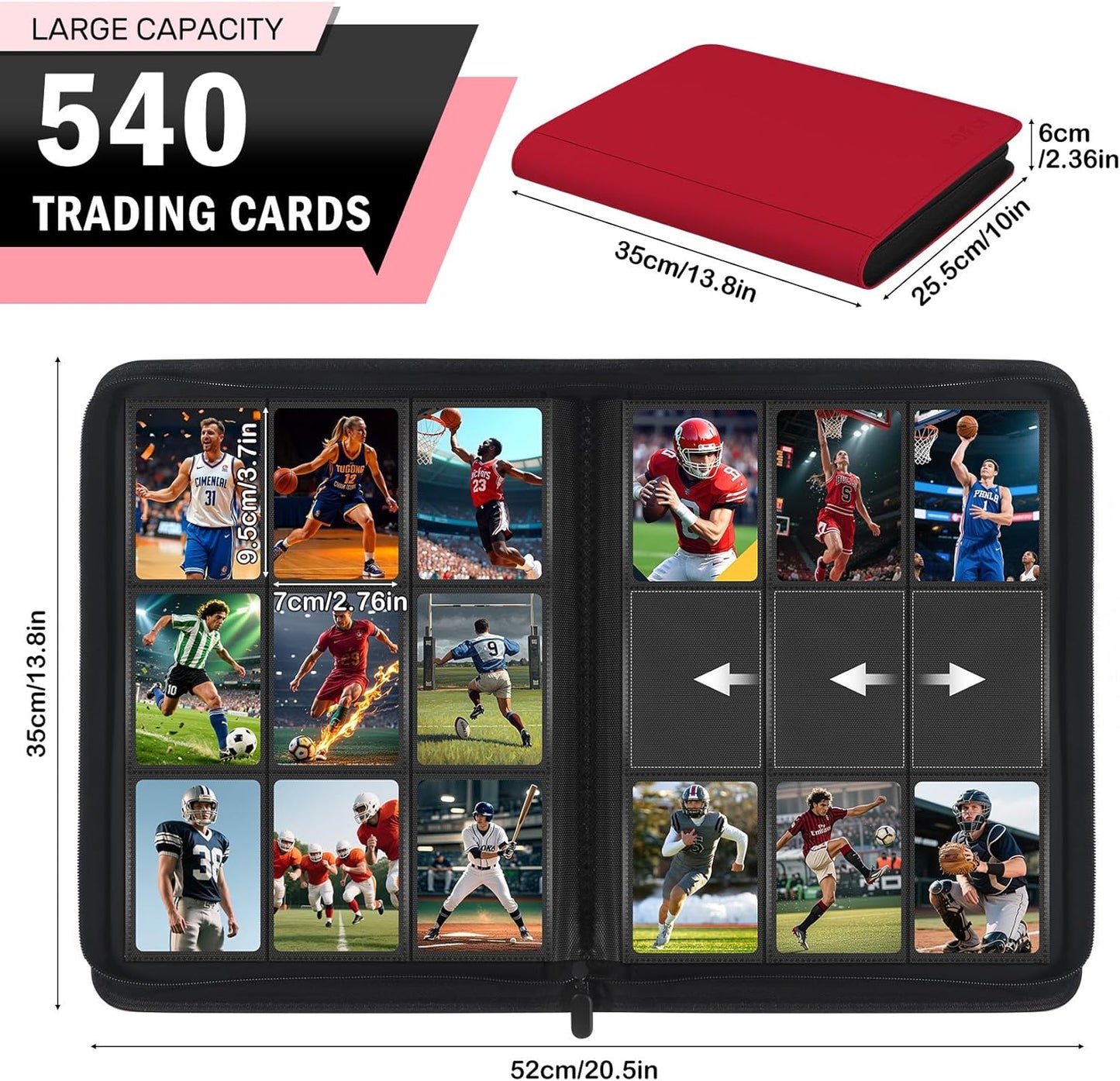 9 Pocket Trading Card Zip Binder, 540 Cards, Premium Baseball Card Storage Album, 30 Side-Loading Pages, Folder for Collectible Games, Sports, TCG, Red