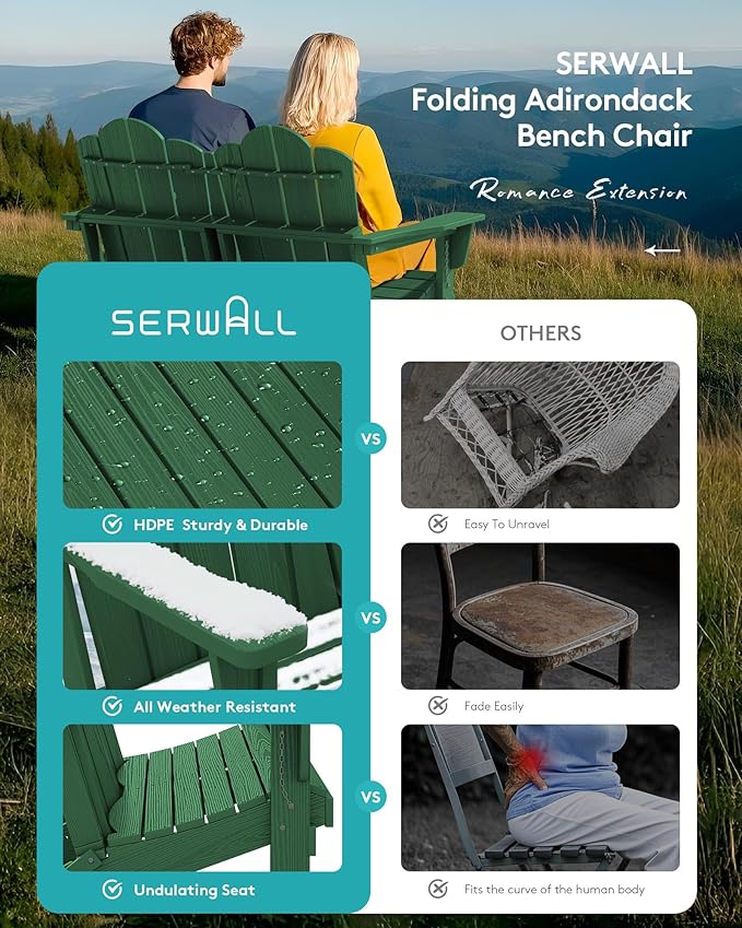 SERWALL Folding Adirondack Bench, HDPE All-Weather Adirondack Loveseat Set of 2 - Image 7