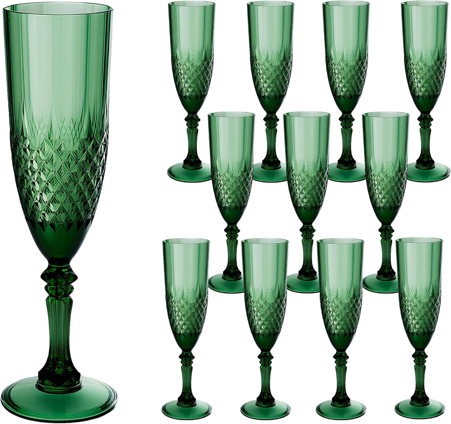 Plastic Champagne Flutes, 12PCS Dark Green Wine Glasses Goblets Cups Reusable Flute, for Christmas Weddings Bachelor Parties Toasting and Events(12, Dark Green)