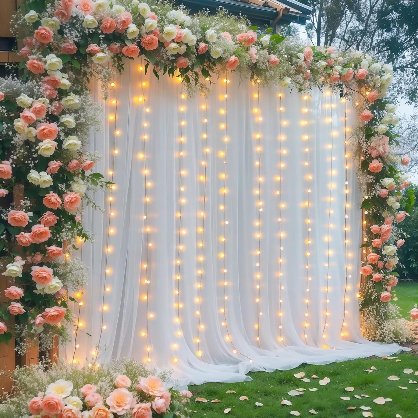 30×10ft White Tulle Backdrop Curtain with Lights String for Parties, Sheer Photo Backdrop Curtains for Wedding Party Photography Background