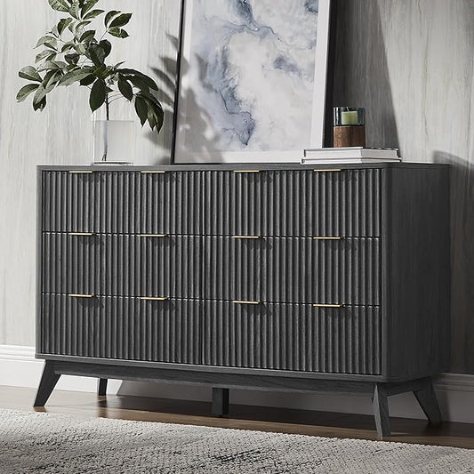 T4TREAM Fluted 6 Drawers Dresser, Curved Profile Design, Dresser TV Stand by T4TREAMFurniture