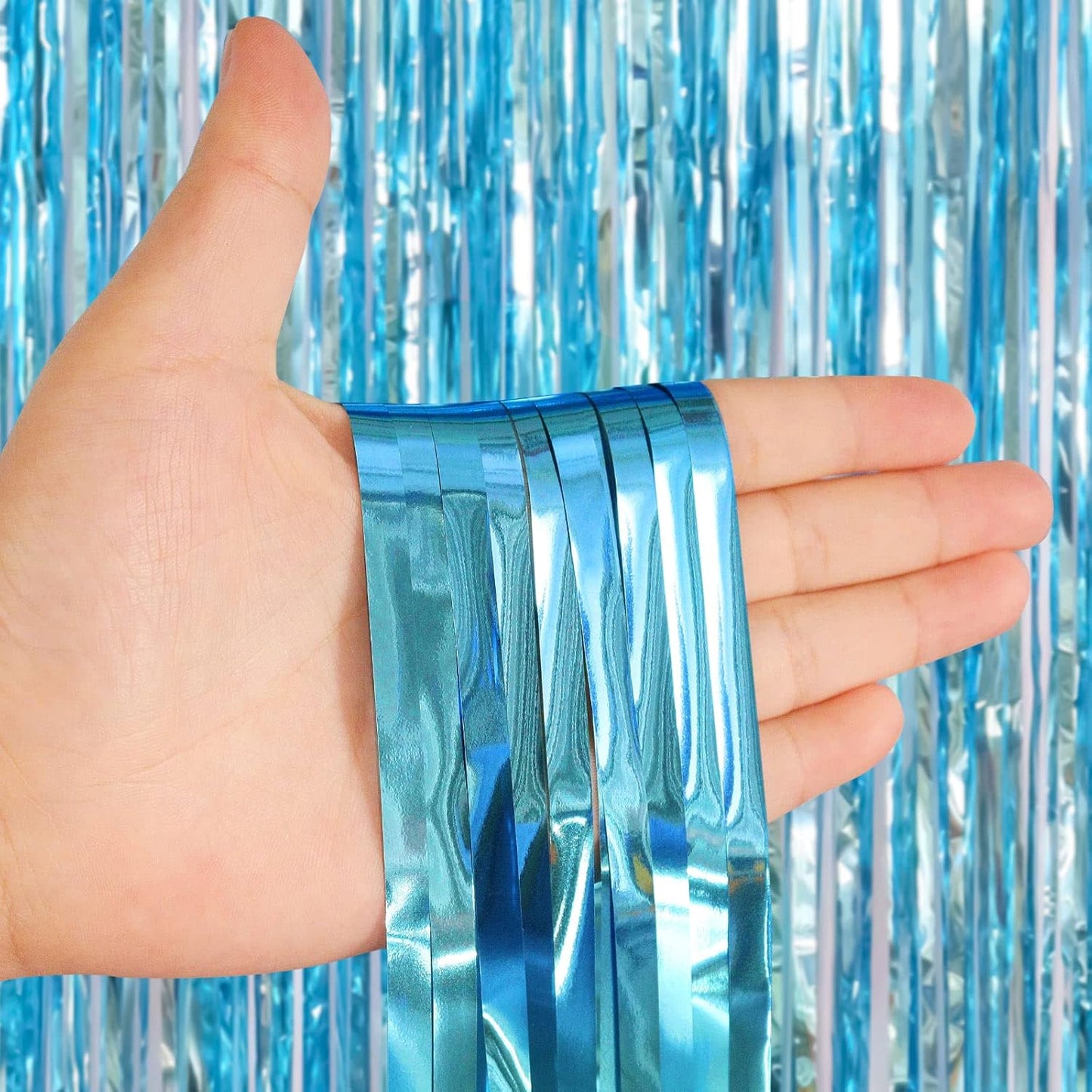 2 Pack Light Blue Fringe Curtains Foil Shiny Fringe Backdrop Tinsel Door Streamers Foil Curtains for Birthday Wedding Engagement Bridal Shower Celebration Party Decorations Large