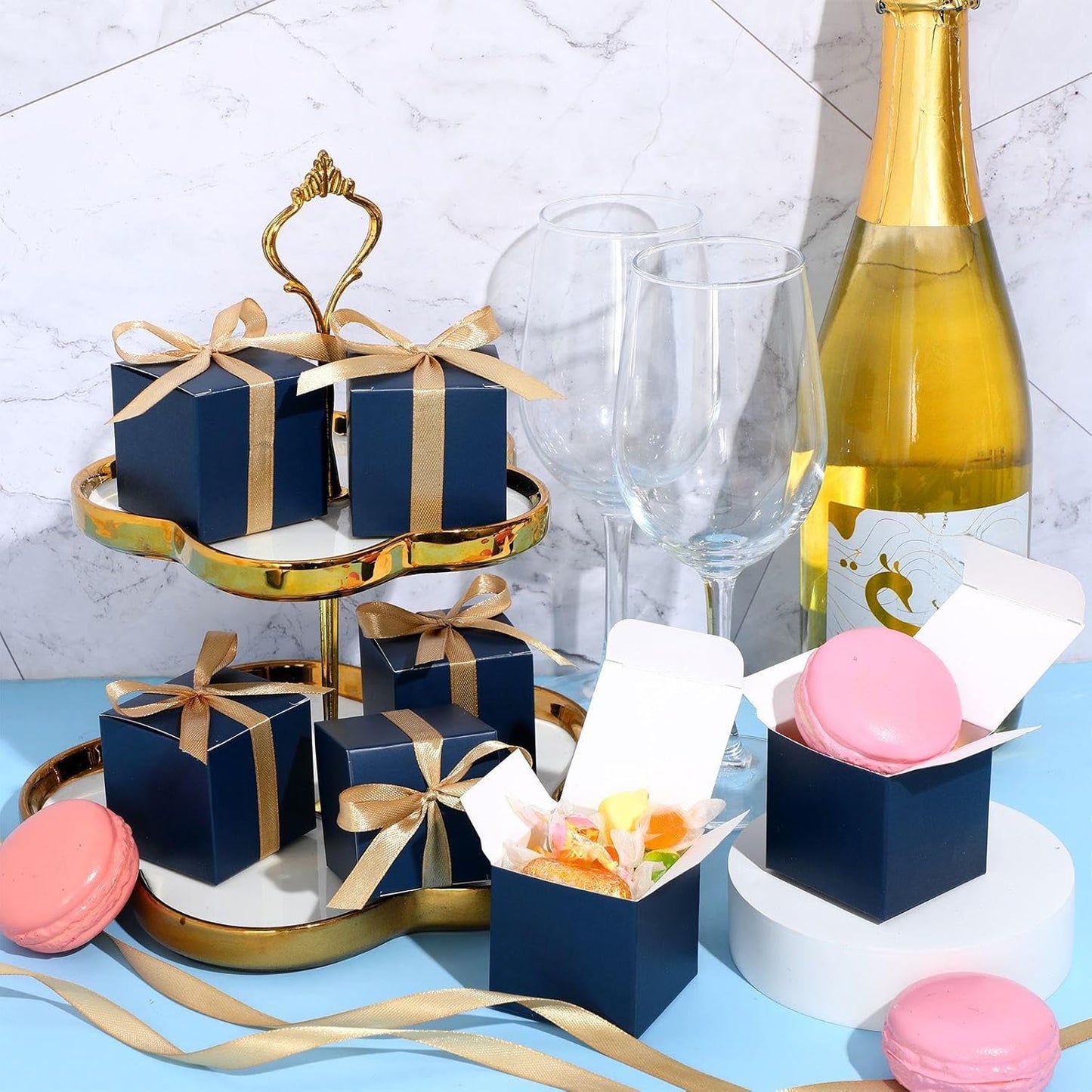 Jutom 100 Pcs Mini Favor Boxes Extra Small Candy Boxes Paper with Gold Ribbon for Christmas Thanksgiving Day Birthday Wedding Anniversary Supplies(2 x 2 x 2 Inch,Navy Blue)