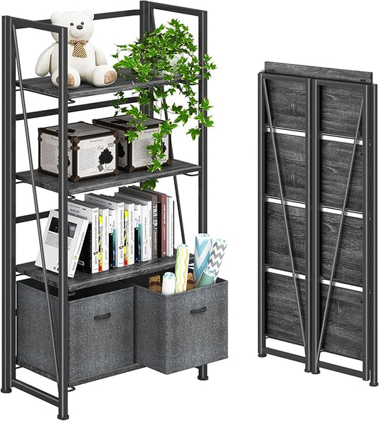 4NM No Assembly Folding Bookshelf Storage Shelves 4 Tiers Vintage Bookcase by 4NM