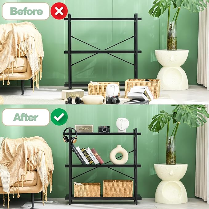 HCHQHS Bookshelf, 3-Tier Industrial Bookcase, Freestanding Horizontal - Image 4