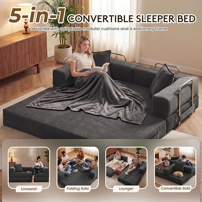 GRUSIGN 78 Inch Convertible Sofa Bed, 5-in-1 Futon Sofa Bed Pull Out Couch - Image 3