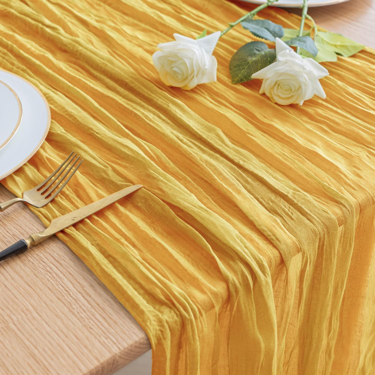 Asee'm Cheesecloth Table Runner 120 Inches Long Gold Boho Gauze Cheese Cloth Runner 10FT Rustic Sheer Fall Table Runners for Thanksgiving Christmas Wedding Party Baby Shower Decoration