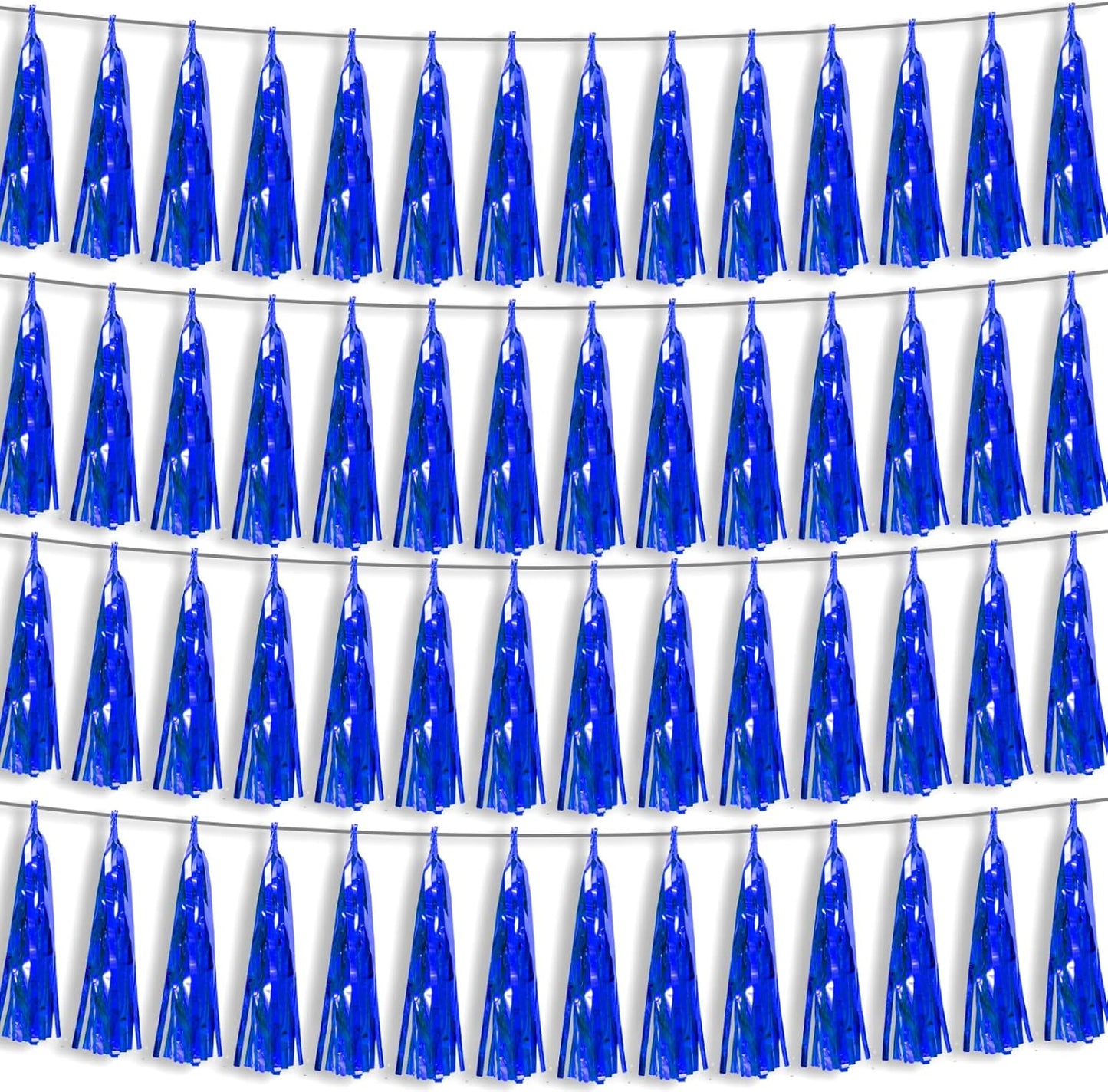 4P Blue Foil Fringe Metallic Tassel Streamers Banner Tassel Garland for Parade Floats, Bachelorette, Wedding, Birthday, Halloween, Christmas, Bridal/Baby Shower Party Decorations