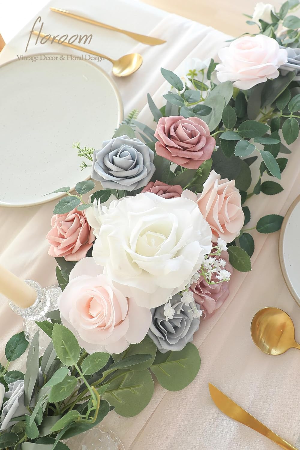 Floroom 6ft Artificial Eucalyptus Garland with Flowers Fake Greenery Faux Floral Vine Garland for Table Decor Wedding Centerpieces Bridal Shower Party Decorations, Blush Powder Blue