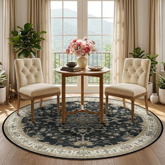 RELEANY Area Rugs Round 5ft Washable Non-Slip, Floral Vintage Distress Print - Image 2