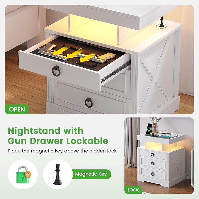 HNEBC Night Stand Set 2 with Gun Drawers, Farmhouse Nightstand with Charging - Image 6
