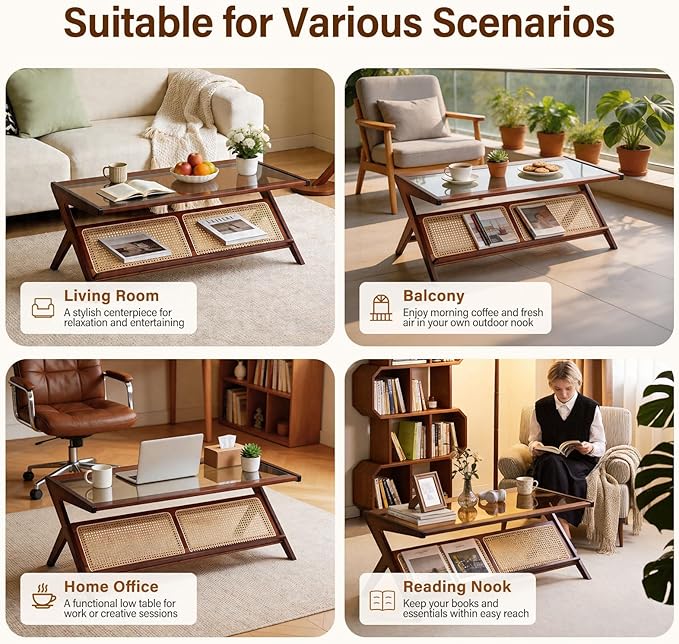 Tiita Rattan Coffee Table, Bamboo Accent Bedside Tables, Glass Nightstand Side - Image 6
