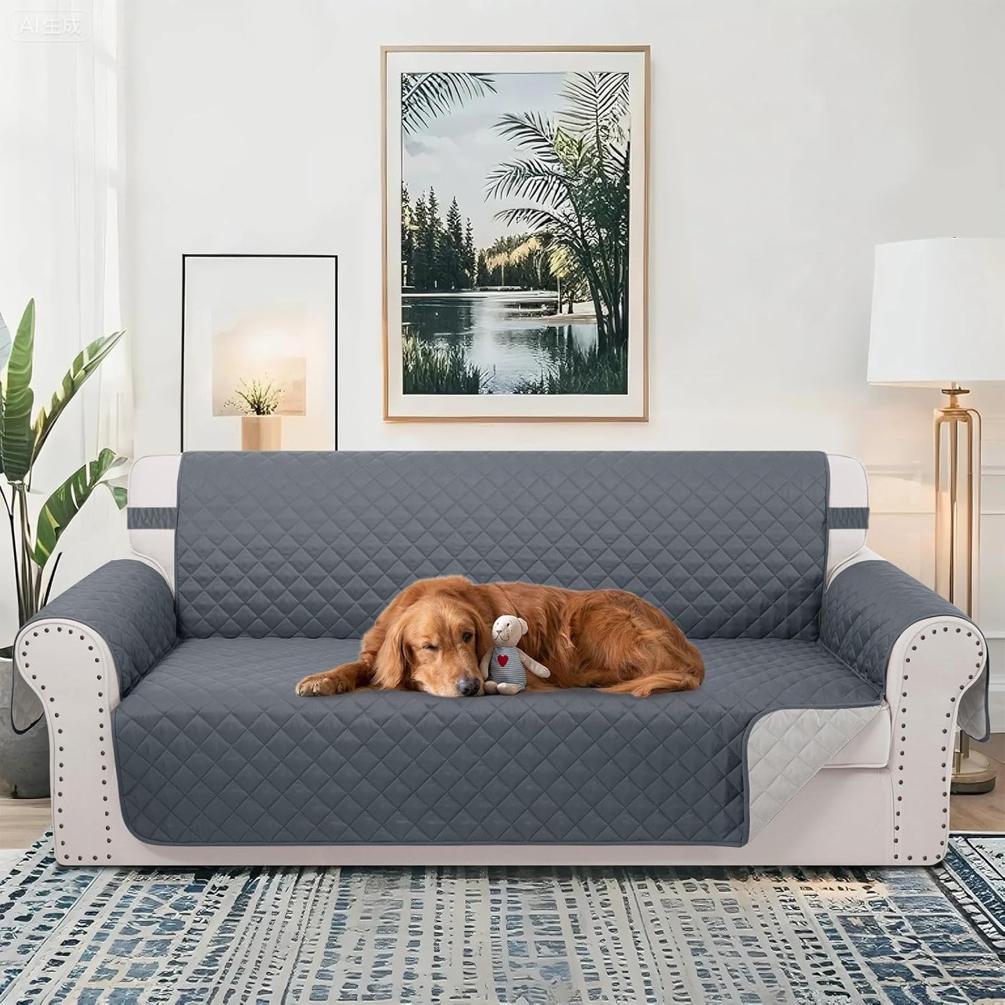 Reversible Sofa Covers Couch Cover Furniture Protector for Dogs Elastic Straps Water Resistant(Sofa,Dark Blue/Light Grey)