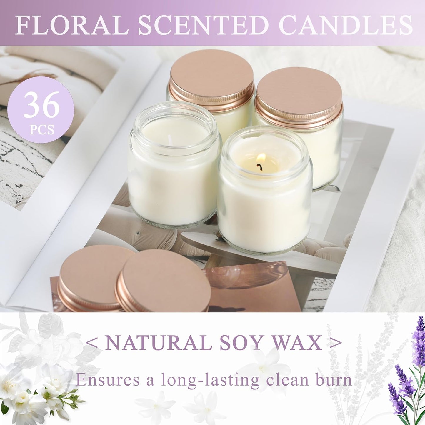 ACITHGL 36 Pcs 4oz Mini Mason Jar Candles Small Scented Candles Bulk Aromatherapy Ideal Souvenir Favors for Wedding Birthday Party (Freesia, Lavender, Jasmine, Pink)