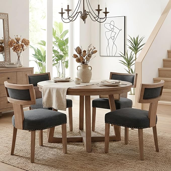 HNY Mid Century Modern Dining Chairs Set of 4, Farmhouse Linen Fabric by HNY