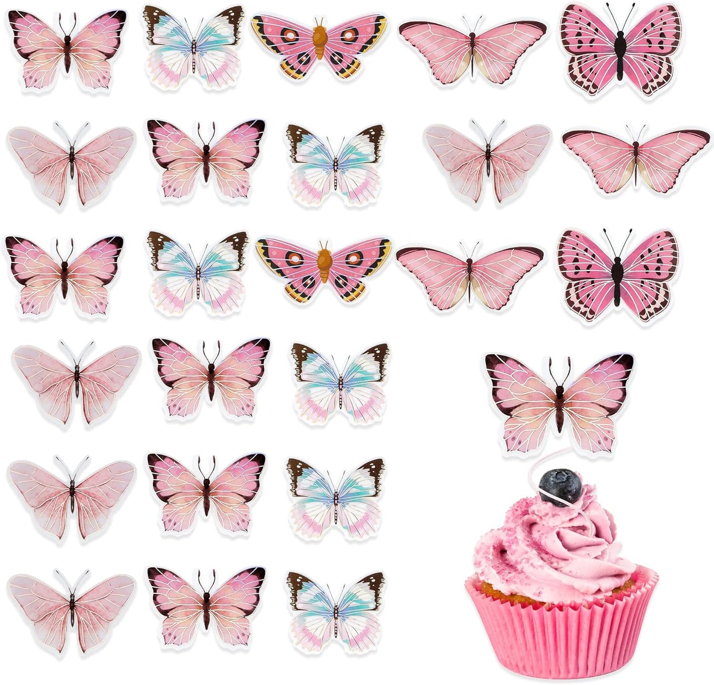 Gyufise 36Pcs Lively Art 3D Butterfly Cupcake Toppers - Pink Decorations for Girls' Birthday, Wedding, Party Cakes