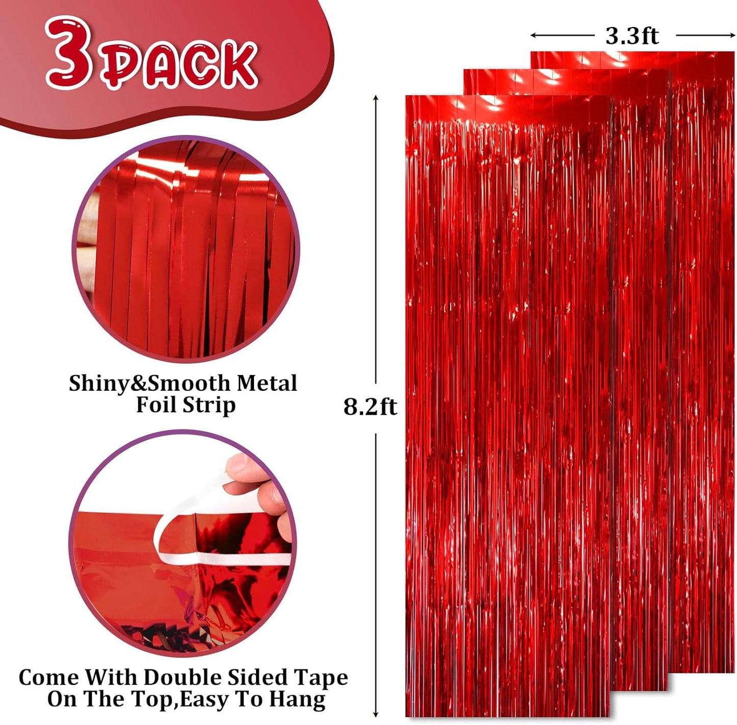 2 Pack Red Tinsel Foil Fringe Curtains, Red Party Decorations, Metallic Tinsel Party Streamers Backdrop for Birthday Red Carpet Christmas Graduation Carnival Valentine's Party Decorations