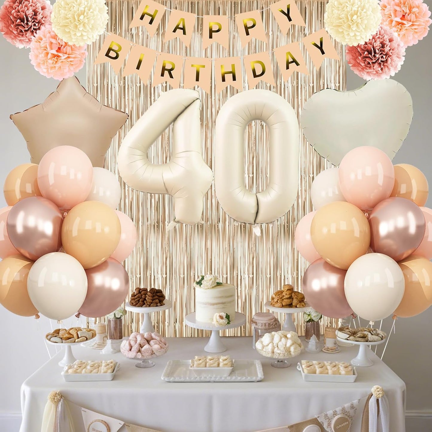 Beige 40th Birthday Decorations for Women Cream Number 40 Balloon Nude Gold Happy Birthday Banner Fringe Curtain Paper Pom Poms Blush White Sand Champagne Star Foil Balloons Neutral Boho Party Decor
